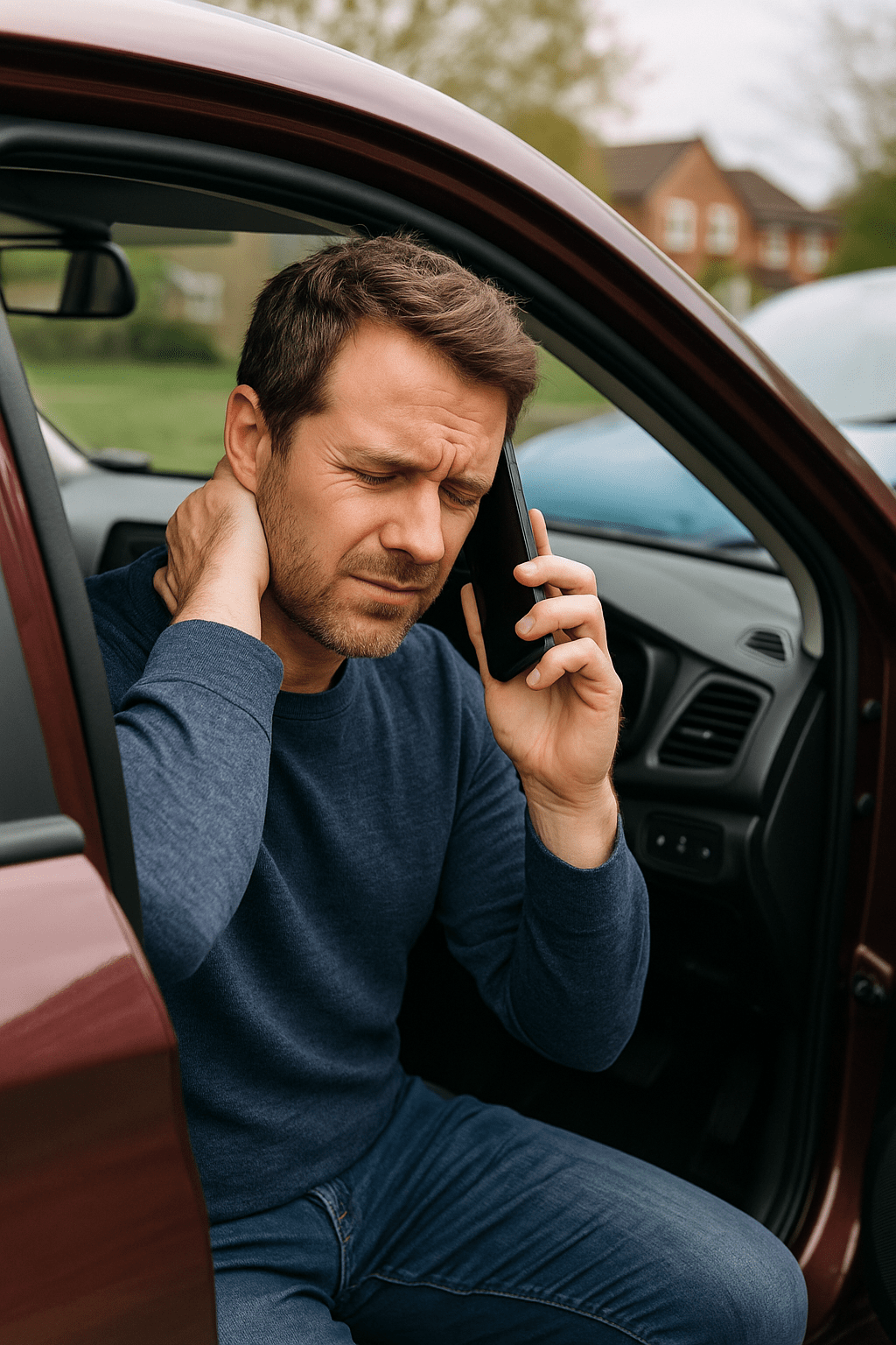 Injured driver sitting in a parked car after a fender bender in Tennessee, looking frustrated while on the phone with an attorney.