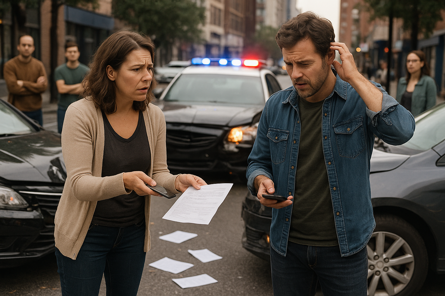 car accident mistakes Two confused drivers exchange information after a car accident, representing common mistakes after a car accident.