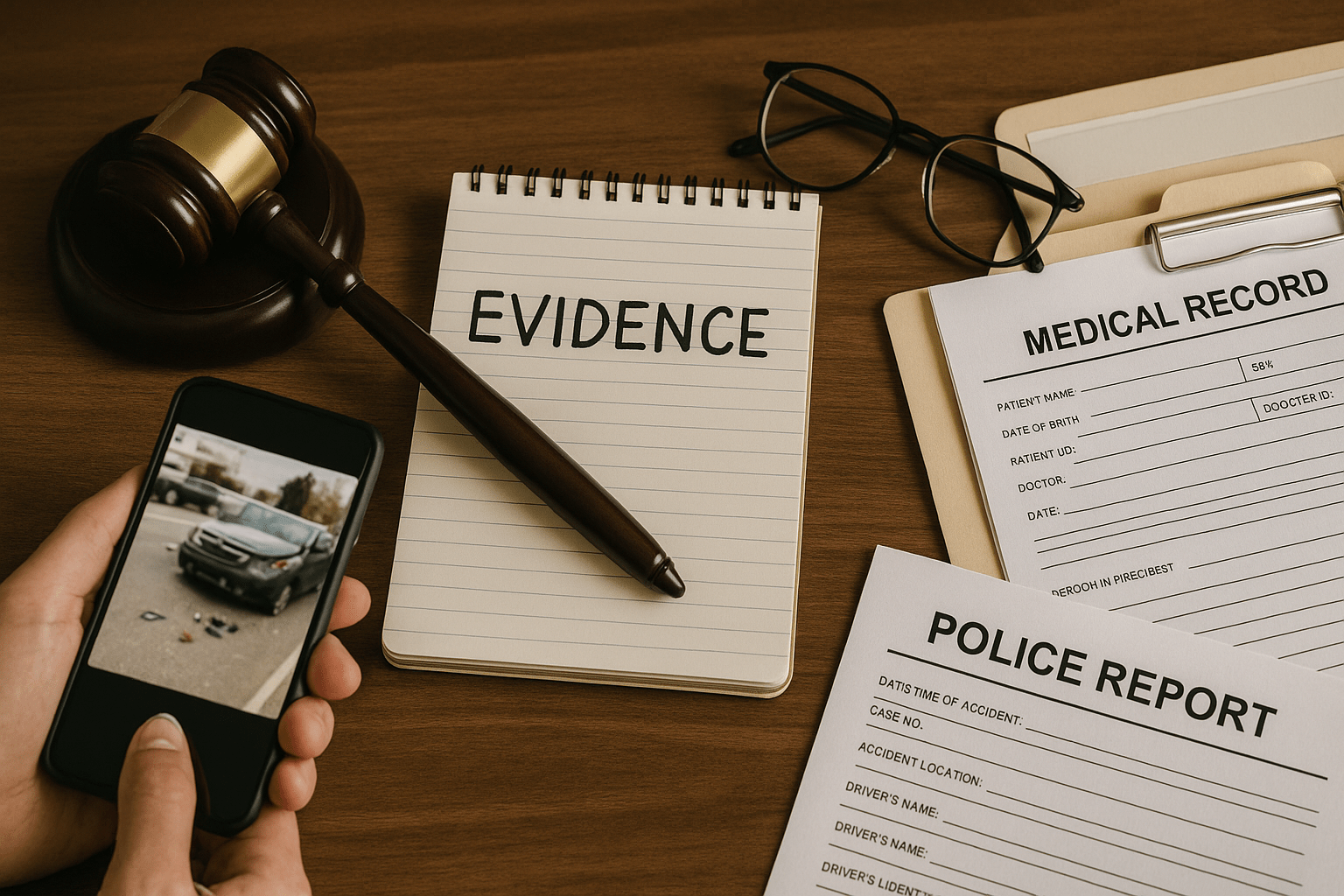 Types of evidence used in personal injury cases including photos, police reports, and medical records