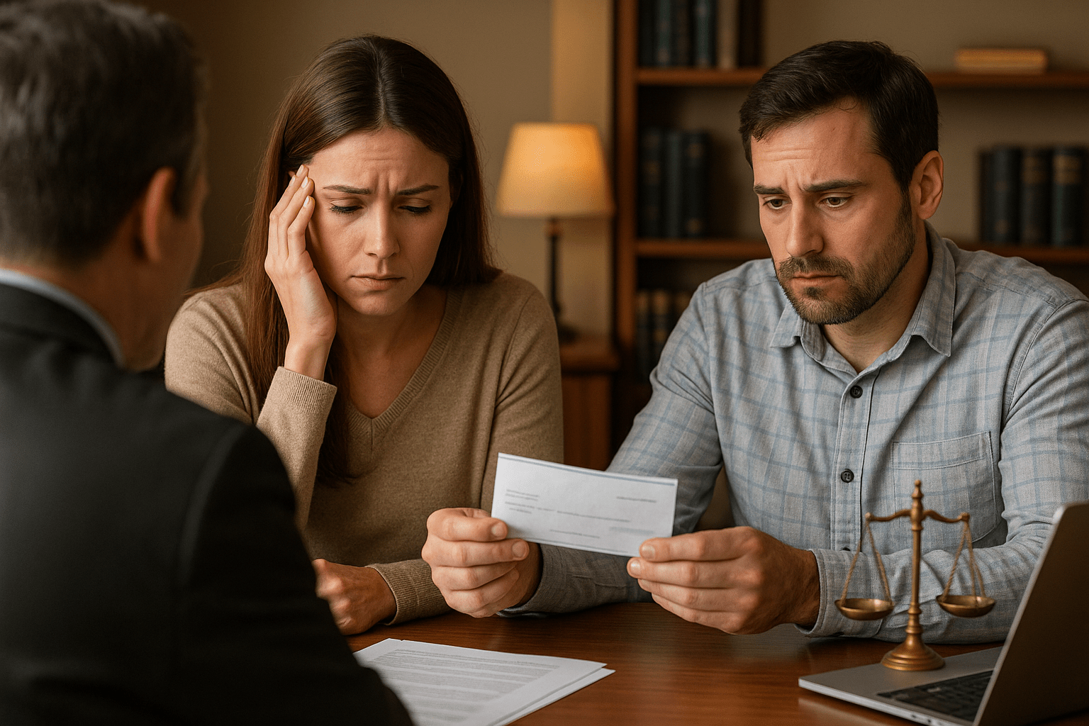 first settlement A concerned couple discusses the first settlement offer after a car accident at a law office, with legal documents and a laptop on the desk.
