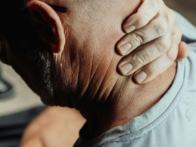 Injured man holding his neck.
