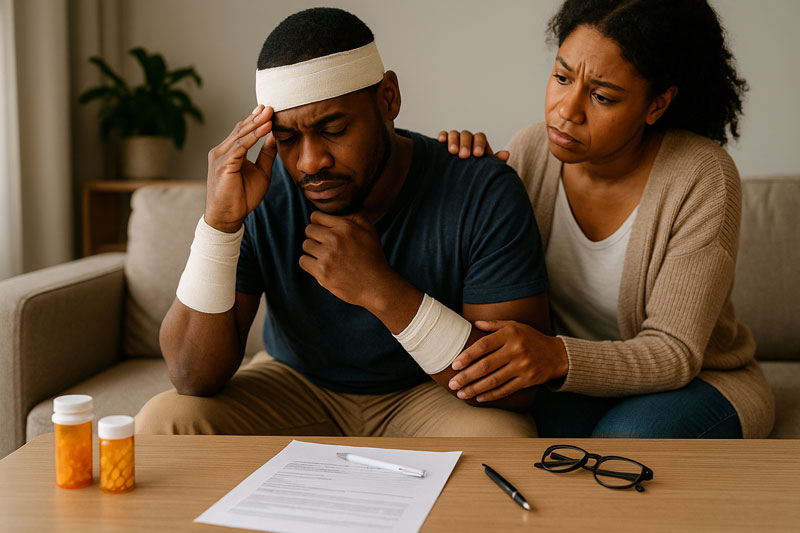 pain-and-suffering An injured person considers pain and suffering in a personal injury claim, sitting at home with paperwork and a supportive family member.