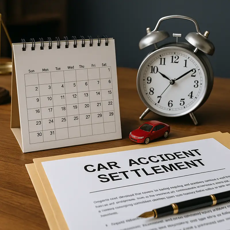 Calendar, legal papers, and clock on lawyer’s desk—car accident settlement timeline