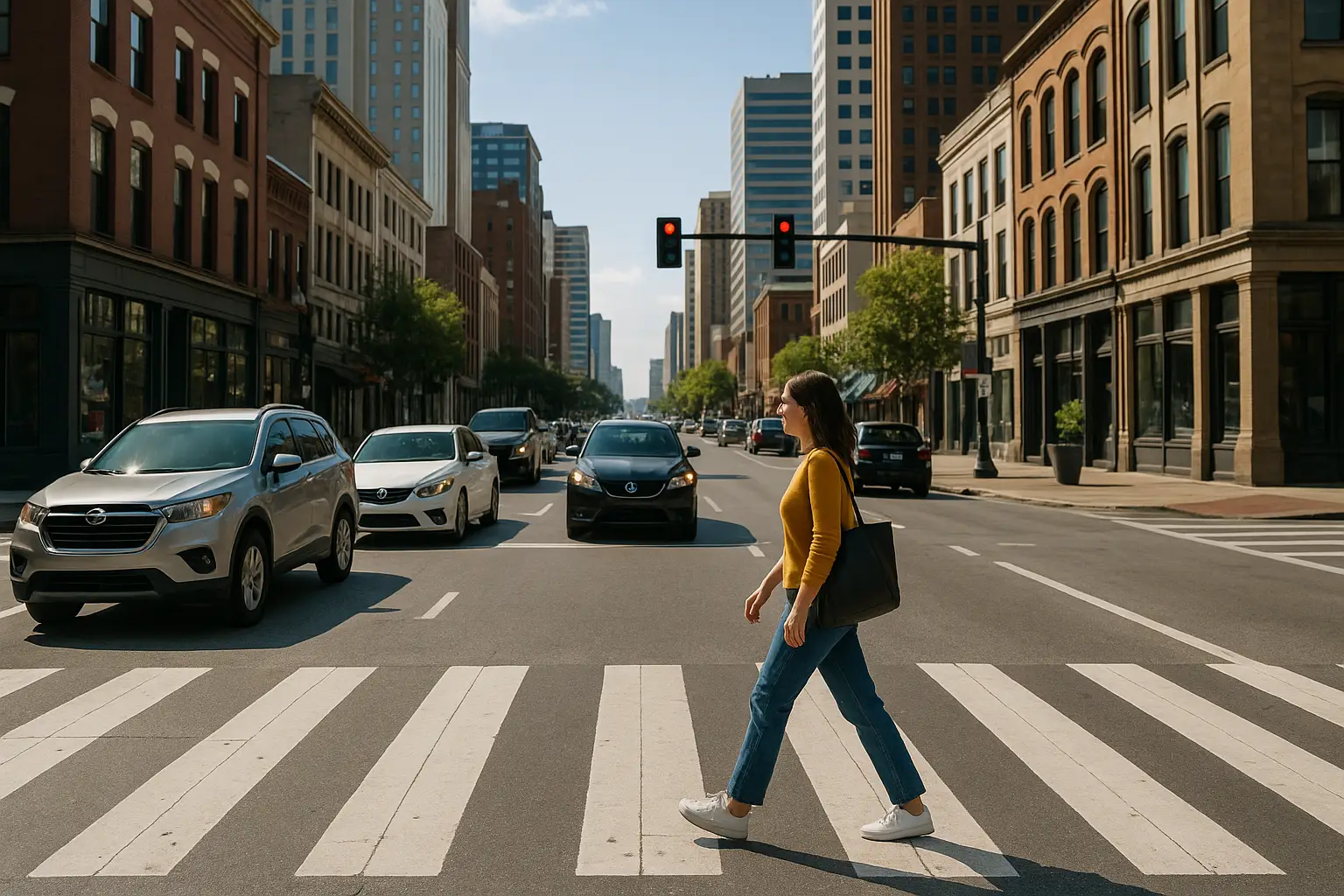 pedestrian accident Pedestrian crossing at city intersection with cars stopped at crosswalk—common causes of pedestrian accidents.