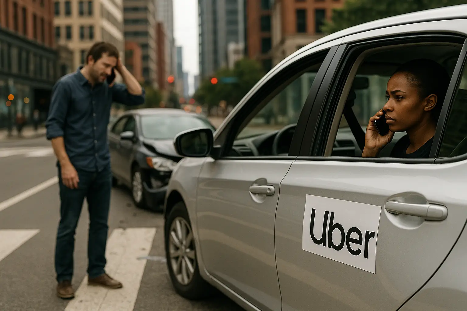 uber accident Pedestrian, cyclist, and driver at a city crash scene involving a rideshare vehicle—injured by a rideshare driver